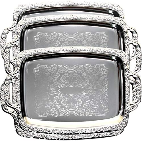 (Pack of 4) Oblong Elegant Floral Engraved Serving Tray Chrome Plated Steel Plate Platter Wedding Birthday Party