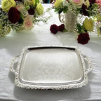 (Pack of 4) Oblong Elegant Floral Engraved Serving Tray Chrome Plated Steel Plate Platter Wedding Birthday Party, alternate