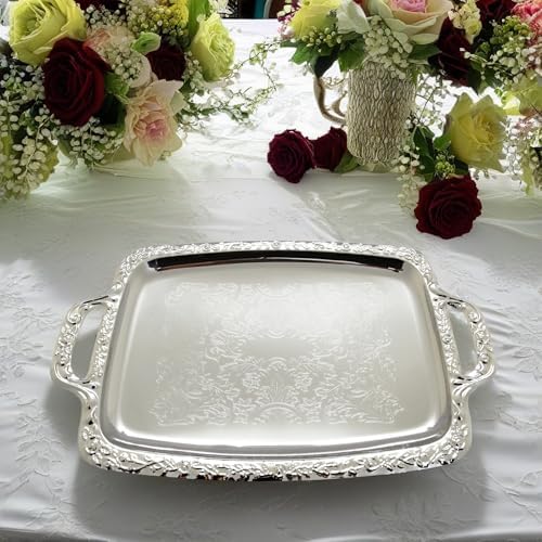 (Pack of 4) Oblong Elegant Floral Engraved Serving Tray Chrome Plated Steel Plate Platter Wedding Birthday Party, alternate