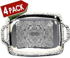 (Pack of 4) Oblong Elegant Floral Engraved Serving Tray Chrome Plated Steel Plate Platter Wedding Birthday Party, alternate