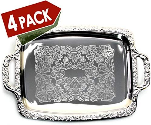 (Pack of 4) Oblong Elegant Floral Engraved Serving Tray Chrome Plated Steel Plate Platter Wedding Birthday Party, alternate