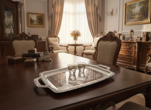 (Pack of 4) Oblong Elegant Floral Engraved Serving Tray Chrome Plated Steel Plate Platter Wedding Birthday Party, alternate