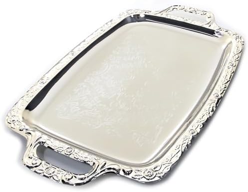 (Pack of 4) Oblong Elegant Floral Engraved Serving Tray Chrome Plated Steel Plate Platter Wedding Birthday Party, alternate