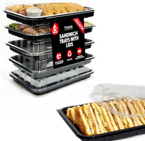 Pack of 6 Serving Tray with lid - Reusable Catering Trays with Lids 13'' Long for Meal Prep, Cakes, Treats and