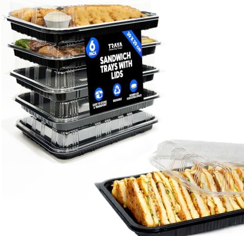 Pack of 6 Serving Tray with lid - Reusable Catering Trays with Lids 13inch Long for Meal Prep, Cakes, Treats and