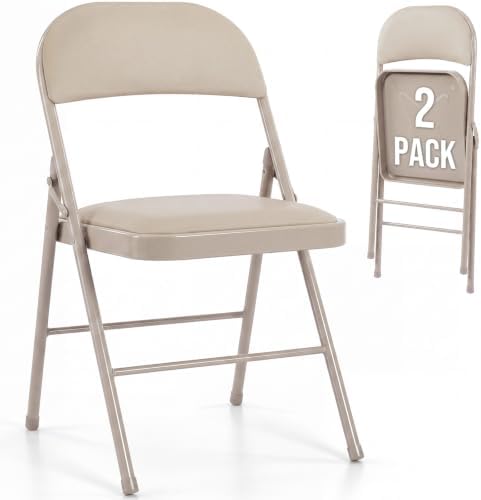 Padded Folding Chairs Set of 2, Portable Foldable Patio Dining Chairs, Heavy Duty Metal Frame, for Kitchen
