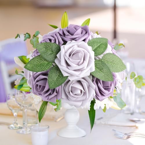 Pale Lavender Rose 25pcs Real Looking Artificial Flowers w/Stem in Pale Lavender & Dusty Violet, alternate view 5