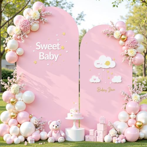 Pale Pink Arch Cover 2 Set-7.2FT and 6FT Arch Backdrop Cover Spandex Fitted Wedding Arch Stand Covers for Baby, alternate