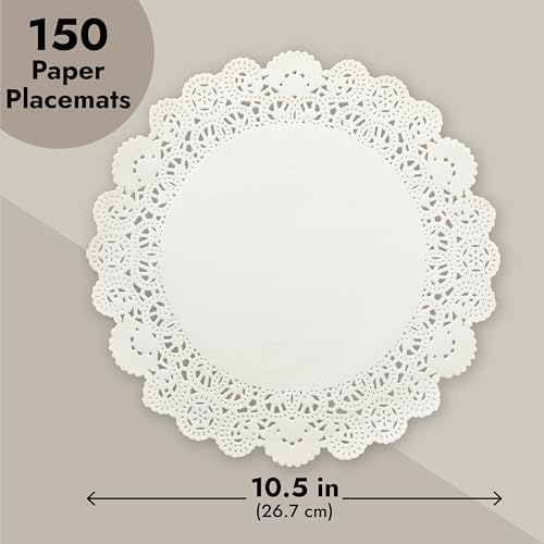 Paper Doilies - 150 Pack Round Lace Doilies for Tables - Assorted Sizes 6.5"/8.5"/10.5", White - Disposable, alternate view 3