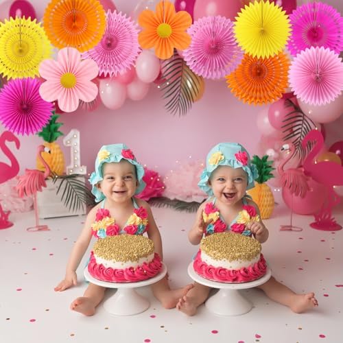 Paper Fans Party Decorations Pink and Orange Party Decorations 11pcs, alternate view 2
