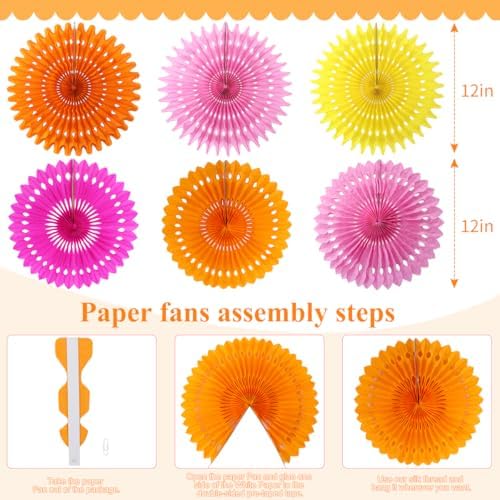 Paper Fans Party Decorations Pink and Orange Party Decorations 11pcs, alternate view 3