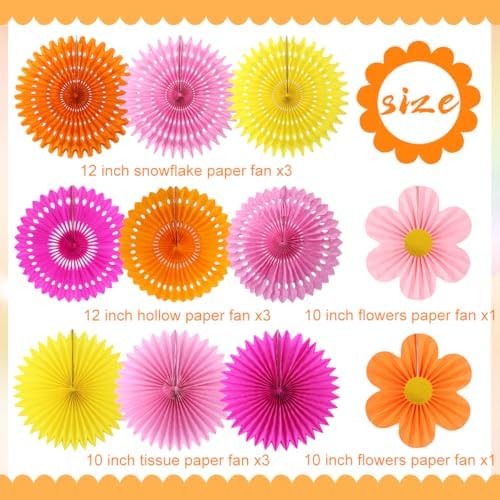 Paper Fans Party Decorations Pink and Orange Party Decorations 11pcs, alternate view 4