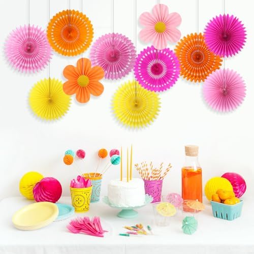 Paper Fans Party Decorations Pink and Orange Party Decorations 11pcs, alternate view 6