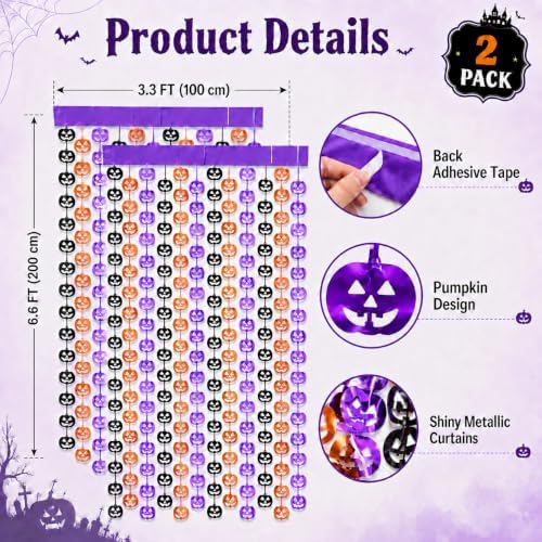Party Decorations, 2 PCS Pumpkin Metallic Foil Fringe Curtain in 3.3 X 6.6 Ft in Purple, alternate view 2