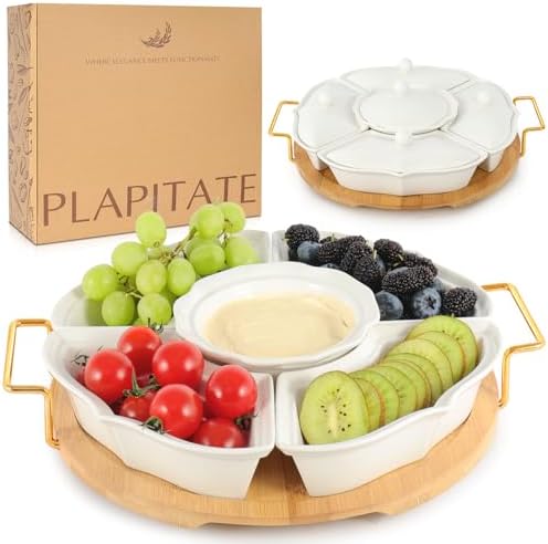 Party Serving Trays and Platters, Ceramic Lazy Susan Serving Tray with Divided Sections Appetizer Rotating