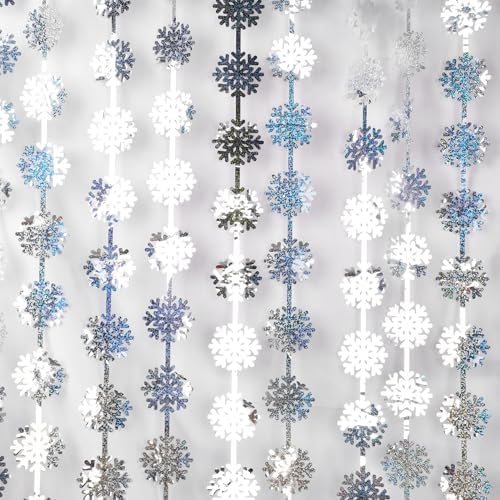 Party Snowflake Backdrop Hanging Snow Flakes Foil Fringe Curtain in 3.2 ft x 6.6 ft in Silver Flakes, alternate view 2