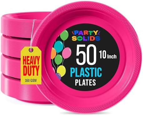 Party Solids 33% Thicker Hot Pink Plastic Plates 10" Dinner Plates 50 Ct in 10 Inch in Cerise