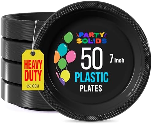 Party Solids Black Plastic Plates For Party 7" Black Disposable Plates For Party Supplies 100 Pcs Plastic