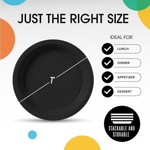 Party Solids Black Plastic Plates For Party 7" Black Disposable Plates For Party Supplies 100 Pcs Plastic, alternate view 3