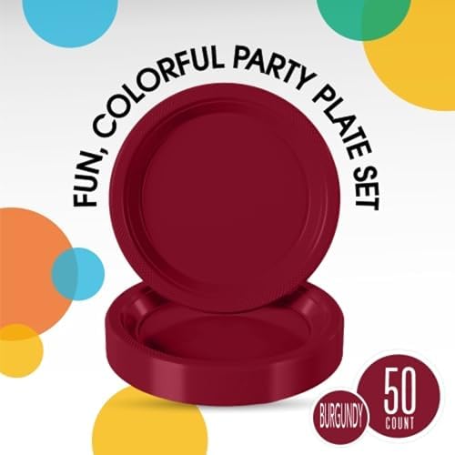 Party Solids Sturdy Burgundy Plastic Plates 7" Cake Plates 50 Pcs in 7 Inch in Burgundy, alternate view 2