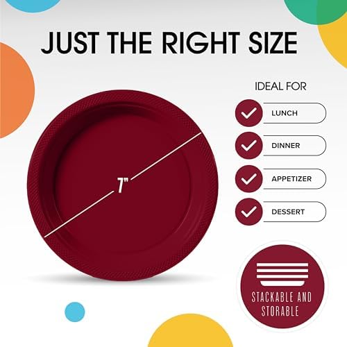 Party Solids Sturdy Burgundy Plastic Plates 7" Cake Plates 50 Pcs in 7 Inch in Burgundy, alternate view 3