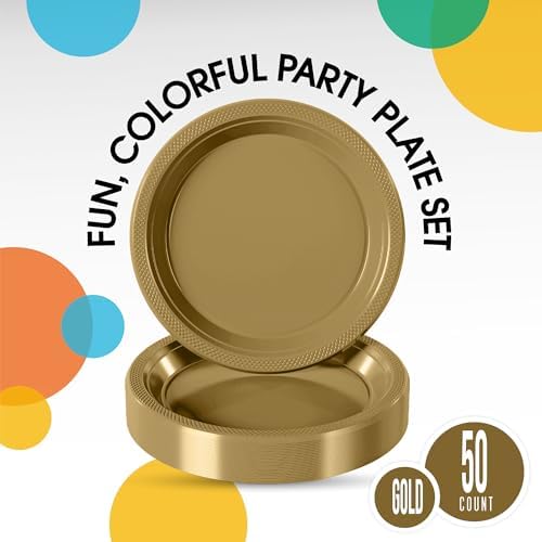 Party Solids Sturdy Gold Plastic Plates 9" Party Plates 50 Pcs in 9 Inch in Gold, alternate view 2