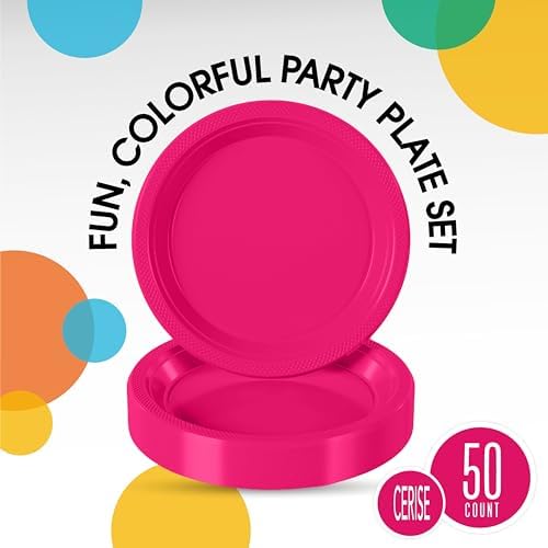 Party Solids Sturdy Hot Pink Plastic Plates 7" Cake Plates 50 Pcs in 7 Inch in Cerise, alternate view 2