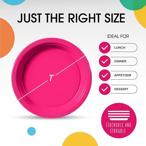 Party Solids Sturdy Hot Pink Plastic Plates 7" Cake Plates 50 Pcs in 7 Inch in Cerise, alternate view 3