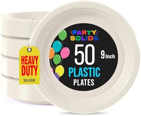 Party Solids Sturdy Ivory Plastic Plates 9" Party Plates 50 Pcs in 9 Inch in Ivory