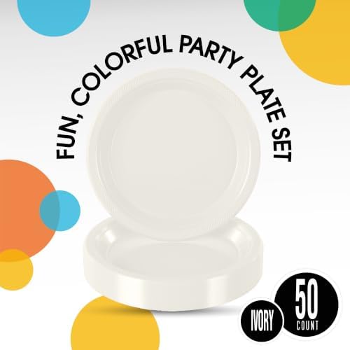 Party Solids Sturdy Ivory Plastic Plates 9" Party Plates 50 Pcs in 9 Inch in Ivory, alternate view 2