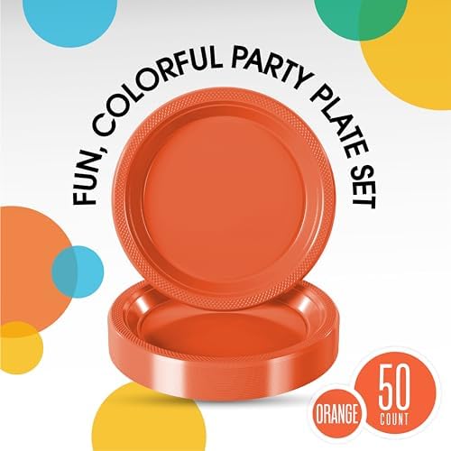 Party Solids Sturdy Orange Plastic Plates 10" Party Plates 50 Pcs in 10 Inch in Orange, alternate view 2