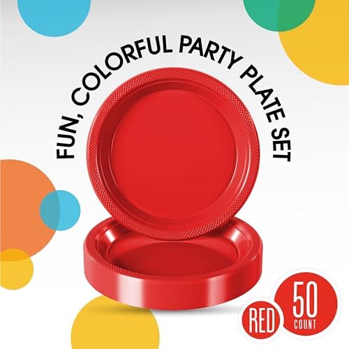 Party Solids Sturdy Red Plastic Plates 9" Party Plates 50 Pcs in 9 Inch in Red, alternate view 2