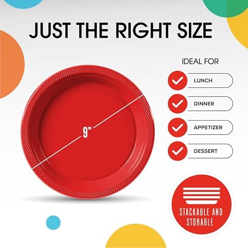 Party Solids Sturdy Red Plastic Plates 9" Party Plates 50 Pcs in 9 Inch in Red, alternate view 3