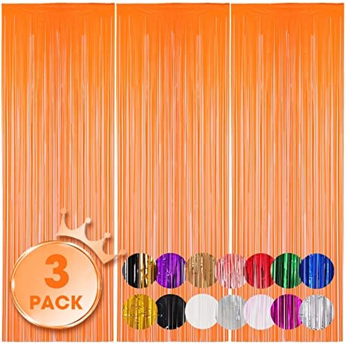 Pastel Orange Foil Fringe Backdrop Curtains, 3.3x8.2ft, 3 Pack in 39.6" × 98.4" in 30 Orange