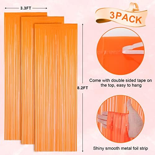 Pastel Orange Foil Fringe Backdrop Curtains, 3.3x8.2ft, 3 Pack in 39.6" × 98.4" in 30 Orange, alternate view 3