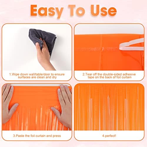 Pastel Orange Foil Fringe Backdrop Curtains, 3.3x8.2ft, 3 Pack in 39.6" × 98.4" in 30 Orange, alternate view 4