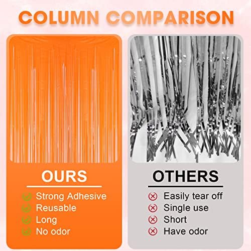 Pastel Orange Foil Fringe Backdrop Curtains, 3.3x8.2ft, 3 Pack in 39.6" × 98.4" in 30 Orange, alternate view 5