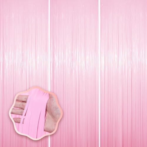 Pastel Pink Foil Fringe Backdrop Curtains, 3.3x8.2ft, 3 Pack in 3.3x8.2ft