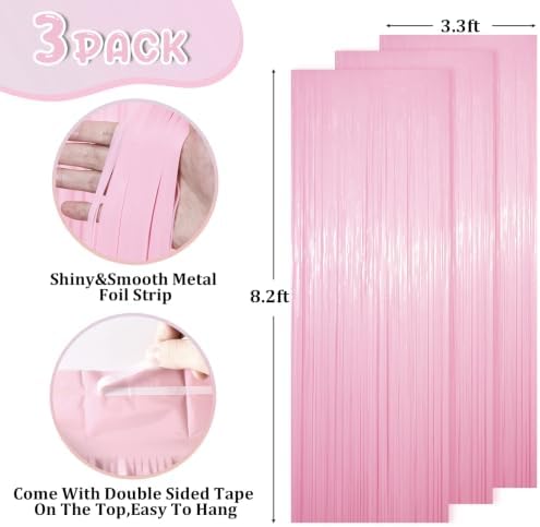 Pastel Pink Foil Fringe Backdrop Curtains, 3.3x8.2ft, 3 Pack in 3.3x8.2ft, alternate view 3