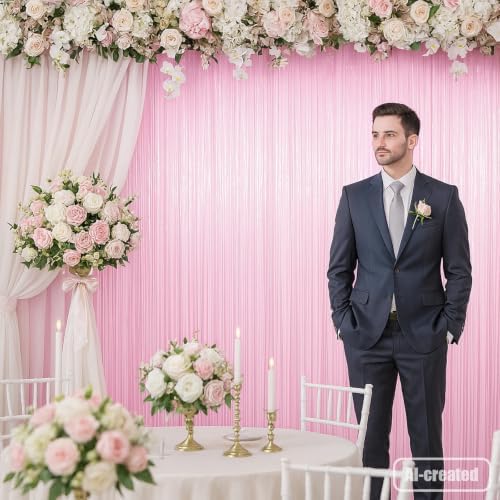 Pastel Pink Foil Fringe Backdrop Curtains, 3.3x8.2ft, 3 Pack in 3.3x8.2ft, alternate view 6