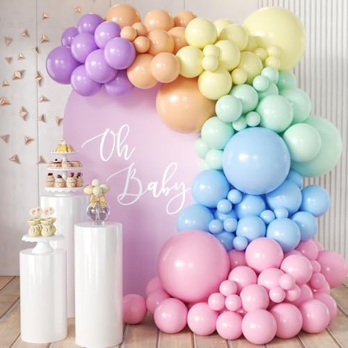 Pastel Rainbow Balloon Arch Garland Kit, 155Pcs Multicolor Macaron Balloons for Birthday Party Baby Shower