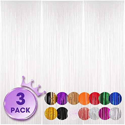 Pastel White Foil Fringe Backdrop Curtains, 3.3x8.2ft, 3 Pack in 39.6" × 98.4" in 17 White