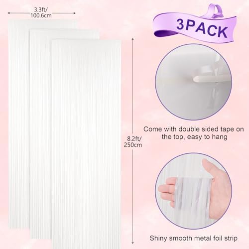 Pastel White Foil Fringe Backdrop Curtains, 3.3x8.2ft, 3 Pack in 39.6" × 98.4" in 17 White, alternate view 3