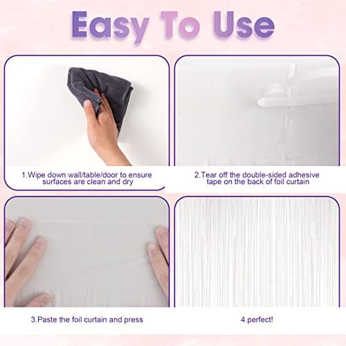 Pastel White Foil Fringe Backdrop Curtains, 3.3x8.2ft, 3 Pack in 39.6" × 98.4" in 17 White, alternate view 4