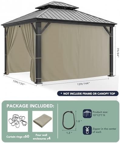 Patio Curtains Outdoor Waterproof with Zipper, 4-Panel, Taupe, alternate view 3