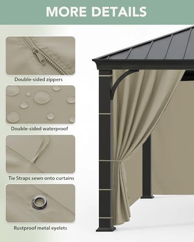 Patio Curtains Outdoor Waterproof with Zipper, 4-Panel, Taupe, alternate view 4