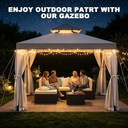 Patio Gazebo 10'x10', Outdoor Party Tent with Mosquito Nettings(Grey) in Grey, alternate view 6