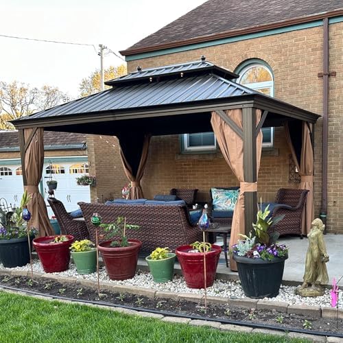 Patio Hardtop Gazebo 10' x 14' Bronze 4.7" Wide Frame Khaki LED, alternate view 3