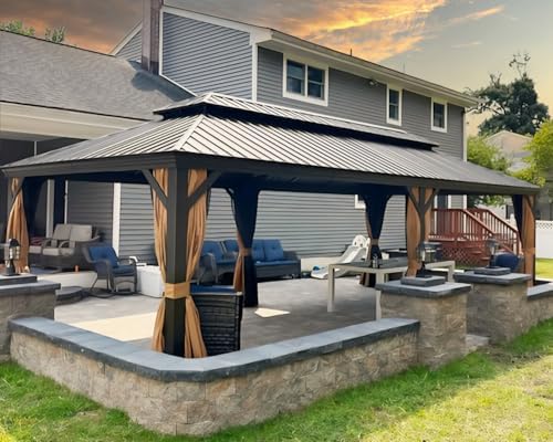 Patio Hardtop Gazebo 12' x 26' Bronze Frame Double Roof Khaki
