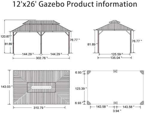Patio Hardtop Gazebo 12' x 26' Bronze Frame Double Roof Khaki, alternate view 2